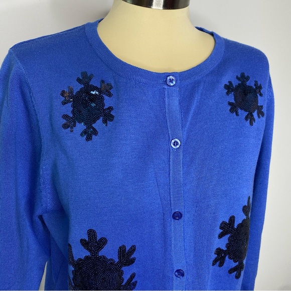 CW Classics Blue Sequin Snowflake Button Front Cardigan Sweater - Picture 2 of 6